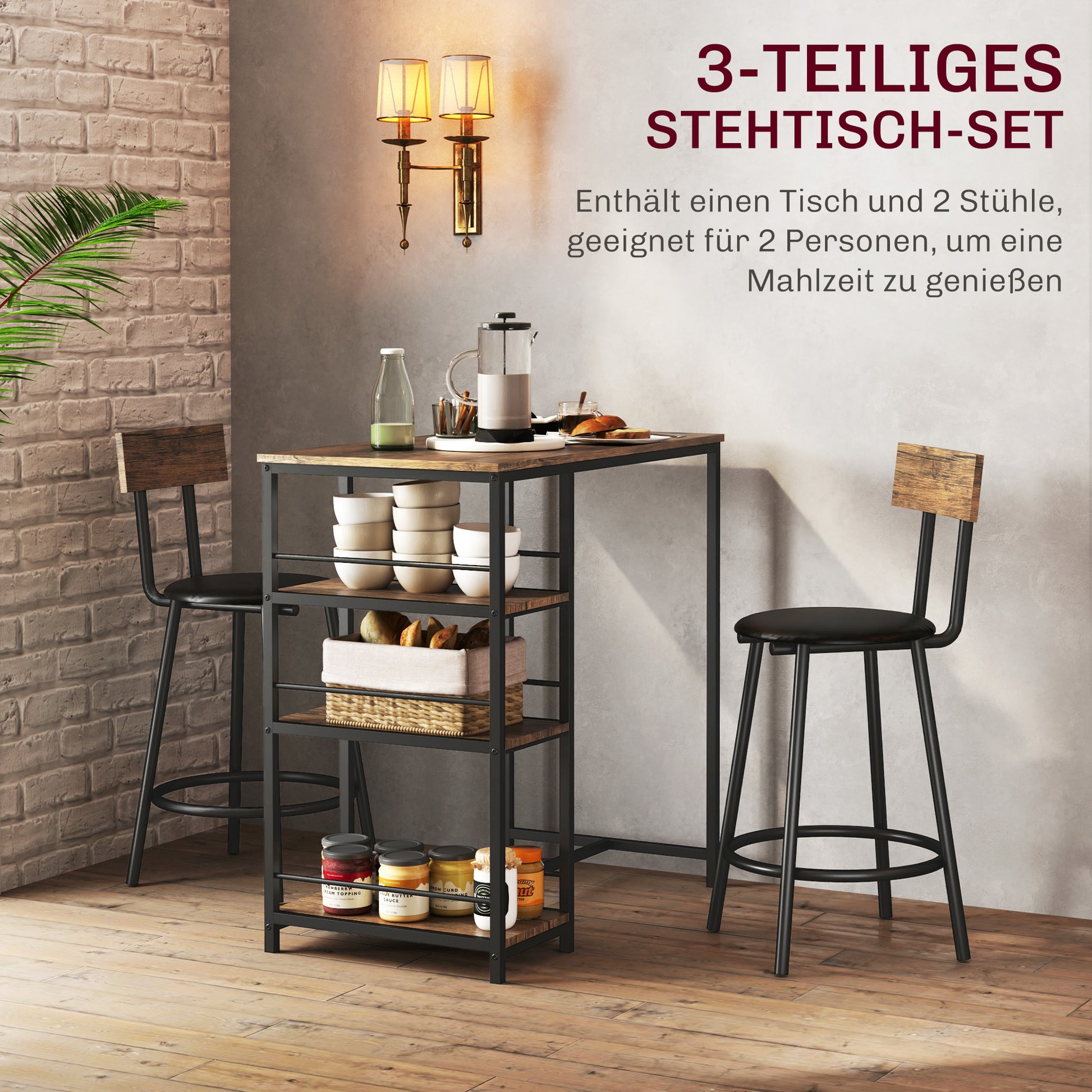 Bar Table with Bar Stool Set, Bar Table Set for 2 People with 2 Padded Bar Chairs, Backrest, Kitchen Table with 3 Shelves, Modern-Style, Breakfast Counter for Dining Room, Kitchen, Steel, Oak
