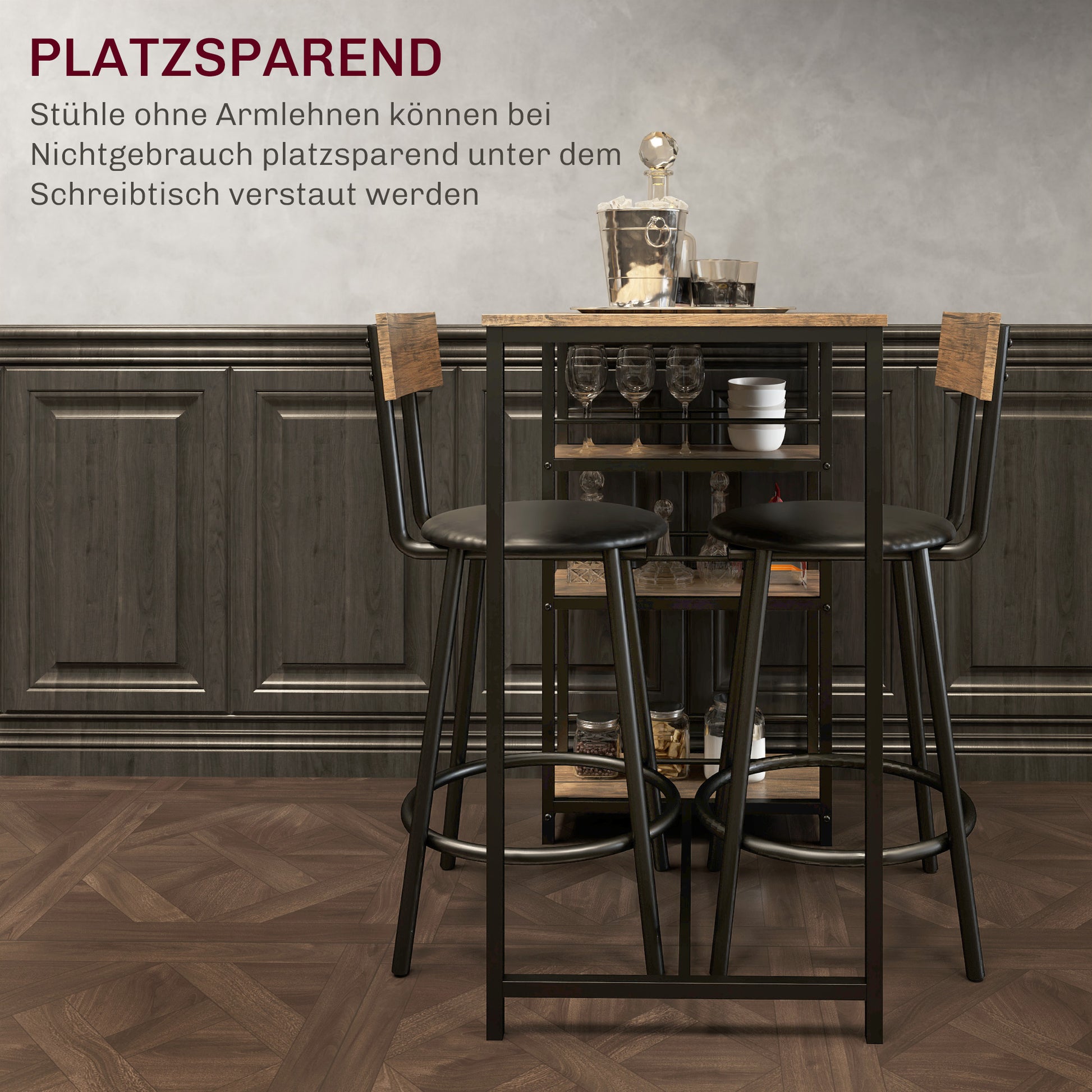 Bar Table with Bar Stool Set, Bar Table Set for 2 People with 2 Padded Bar Chairs, Backrest, Kitchen Table with 3 Shelves, Modern-Style, Breakfast Counter for Dining Room, Kitchen, Steel, Oak