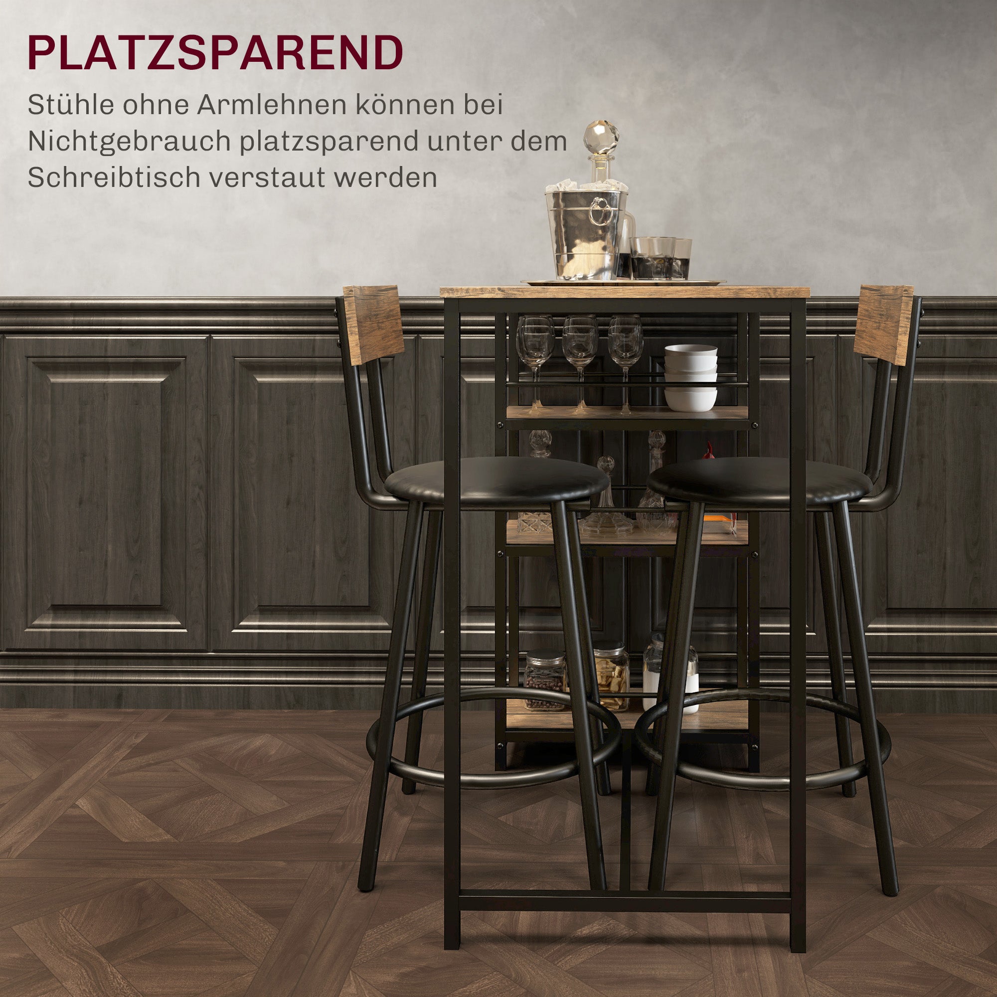 Bar Table with Bar Stool Set, Bar Table Set for 2 People with 2 Padded Bar Chairs, Backrest, Kitchen Table with 3 Shelves, Modern-Style, Breakfast Counter for Dining Room, Kitchen, Steel, Oak
