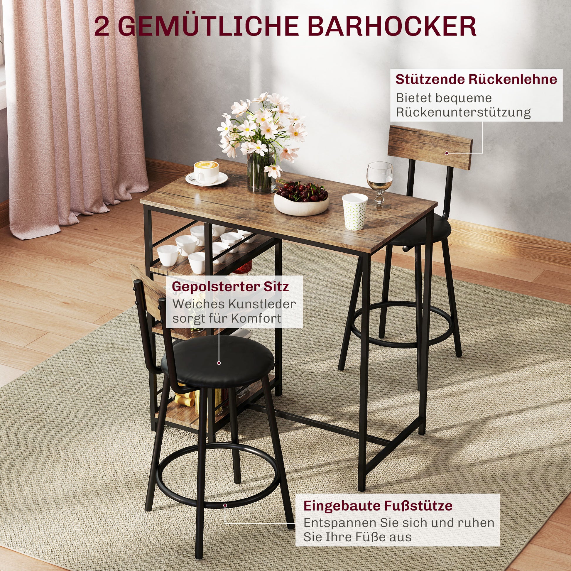 Bar Table with Bar Stool Set, Bar Table Set for 2 People with 2 Padded Bar Chairs, Backrest, Kitchen Table with 3 Shelves, Modern-Style, Breakfast Counter for Dining Room, Kitchen, Steel, Oak