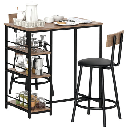 Bar Table with Bar Stool Set, Bar Table Set for 2 People with 2 Padded Bar Chairs, Backrest, Kitchen Table with 3 Shelves, Modern-Style, Breakfast Counter for Dining Room, Kitchen, Steel, Oak