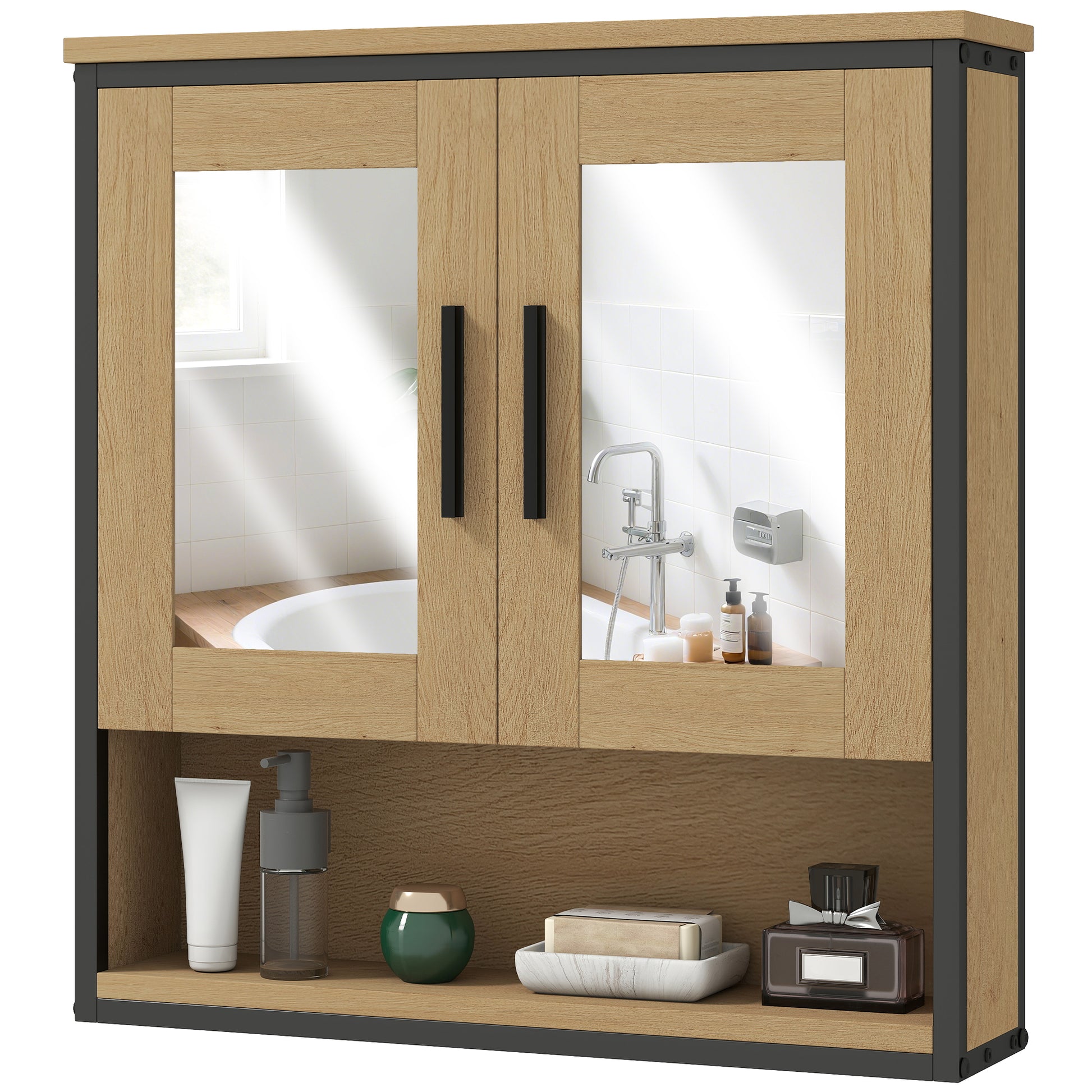 Wall Mounted Bathroom Cabinet with Mirror, Bathroom Storage Cabinet, Medicine Cabinet with Open Compartment and Adjustable Shelf, Oak