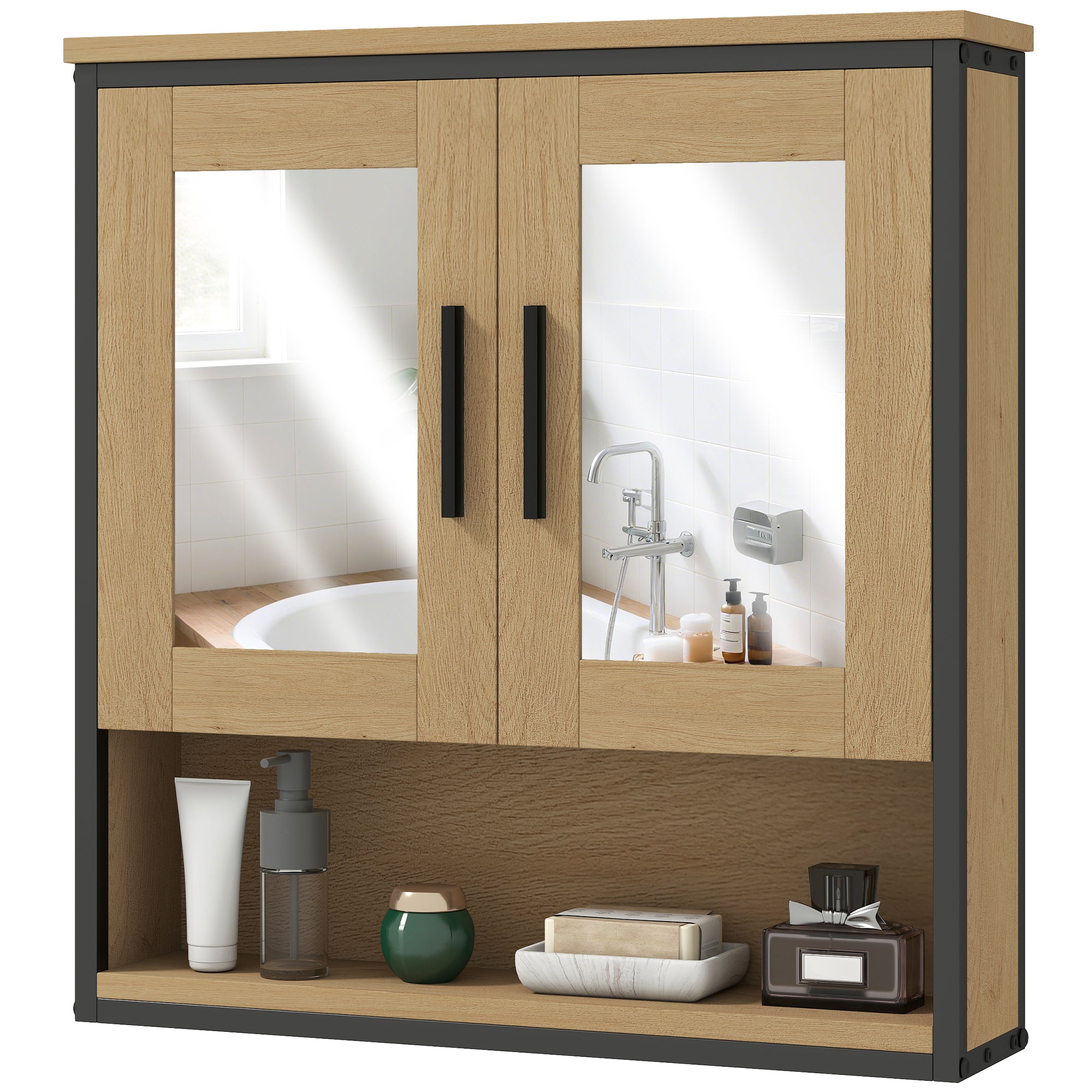 Wall Mounted Bathroom Cabinet with Mirror, Bathroom Storage Cabinet, Medicine Cabinet with Open Compartment and Adjustable Shelf, Oak