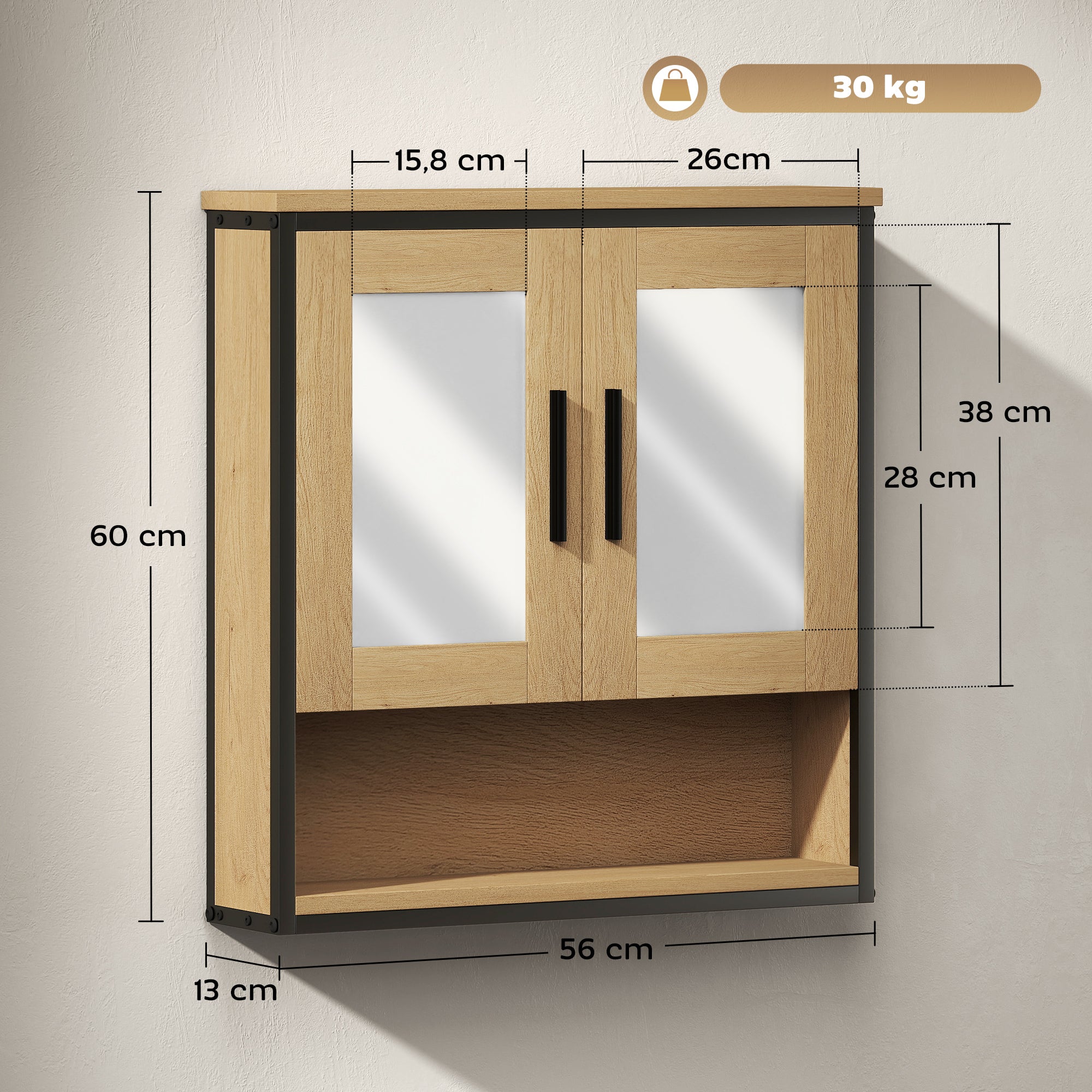 Wall Mounted Bathroom Cabinet with Mirror, Bathroom Storage Cabinet, Medicine Cabinet with Open Compartment and Adjustable Shelf, Oak