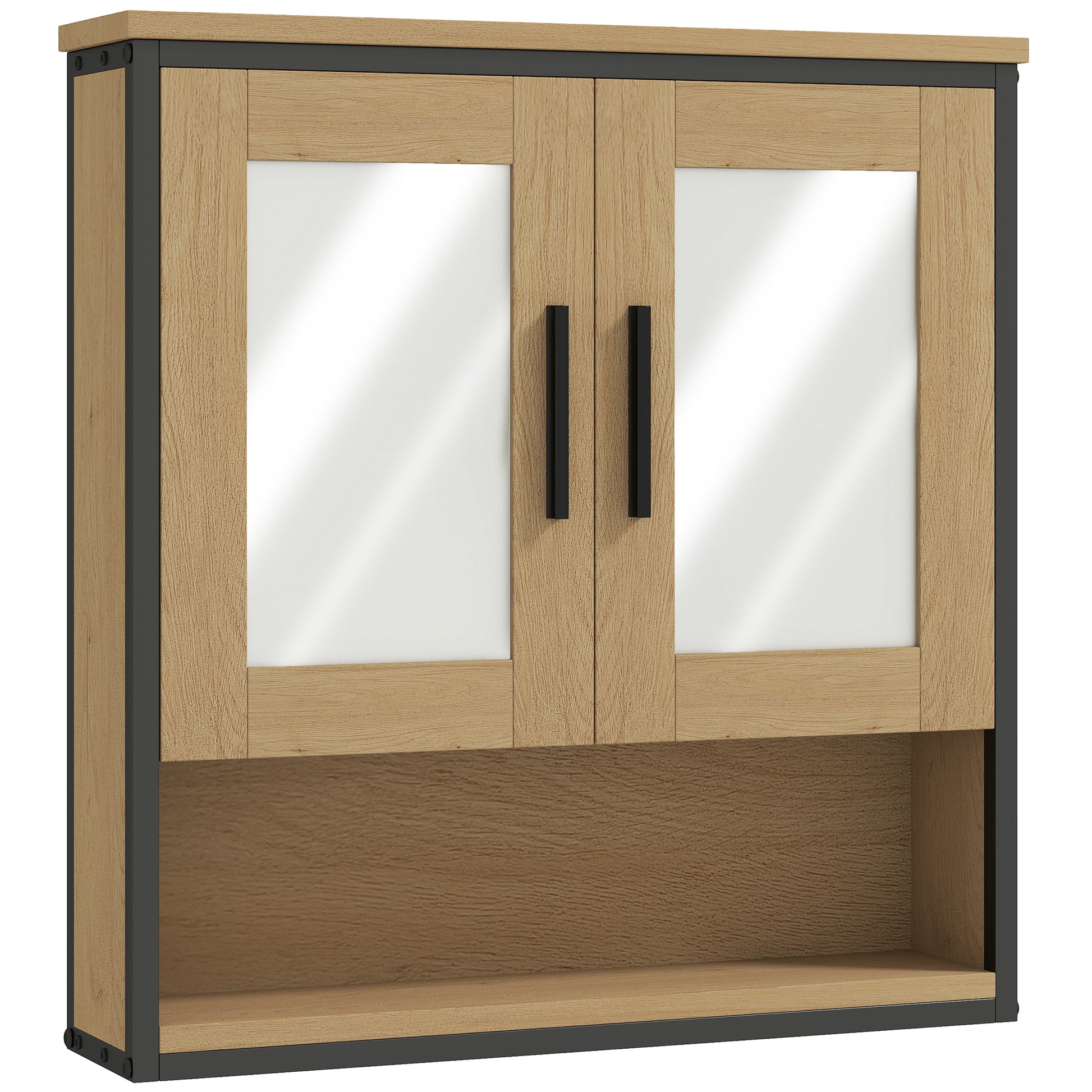 Wall Mounted Bathroom Cabinet with Mirror, Bathroom Storage Cabinet, Medicine Cabinet with Open Compartment and Adjustable Shelf, Oak