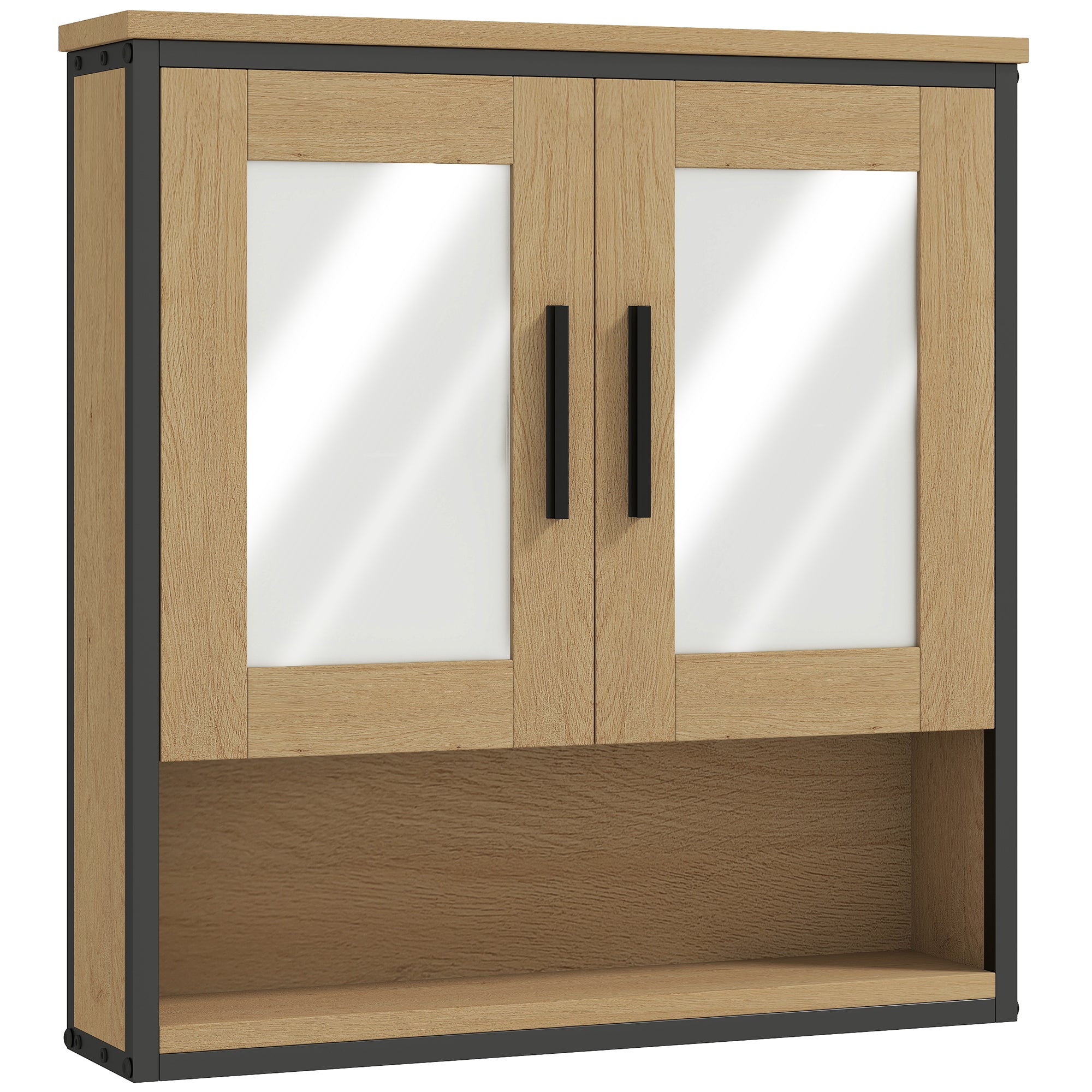 Wall Mounted Bathroom Cabinet with Mirror, Bathroom Storage Cabinet, Medicine Cabinet with Open Compartment and Adjustable Shelf, Oak