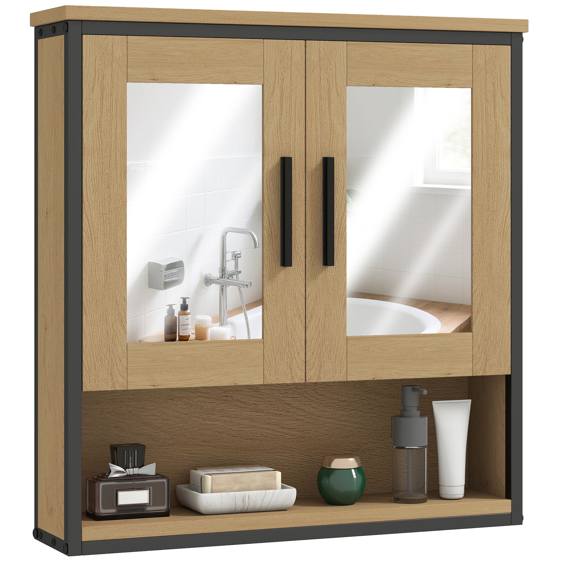 Wall Mounted Bathroom Cabinet with Mirror, Bathroom Storage Cabinet, Medicine Cabinet with Open Compartment and Adjustable Shelf, Oak
