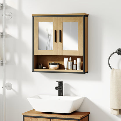 Wall Mounted Bathroom Cabinet with Mirror, Bathroom Storage Cabinet, Medicine Cabinet with Open Compartment and Adjustable Shelf, Oak