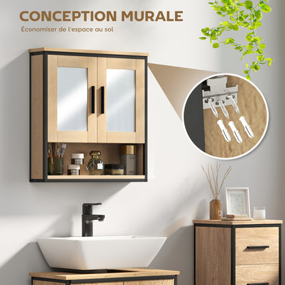 Wall Mounted Bathroom Cabinet with Mirror, Bathroom Storage Cabinet, Medicine Cabinet with Open Compartment and Adjustable Shelf, Oak