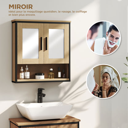 Wall Mounted Bathroom Cabinet with Mirror, Bathroom Storage Cabinet, Medicine Cabinet with Open Compartment and Adjustable Shelf, Oak