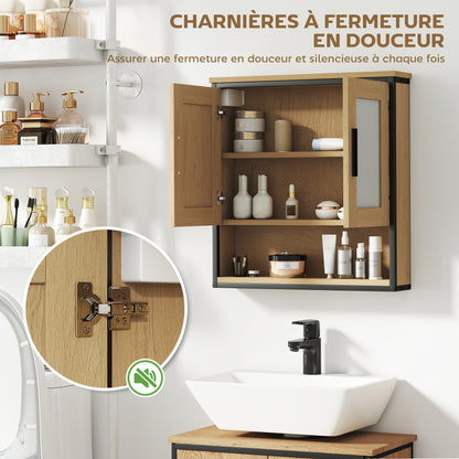 Wall Mounted Bathroom Cabinet with Mirror, Bathroom Storage Cabinet, Medicine Cabinet with Open Compartment and Adjustable Shelf, Oak