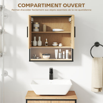 Wall Mounted Bathroom Cabinet with Mirror, Bathroom Storage Cabinet, Medicine Cabinet with Open Compartment and Adjustable Shelf, Oak