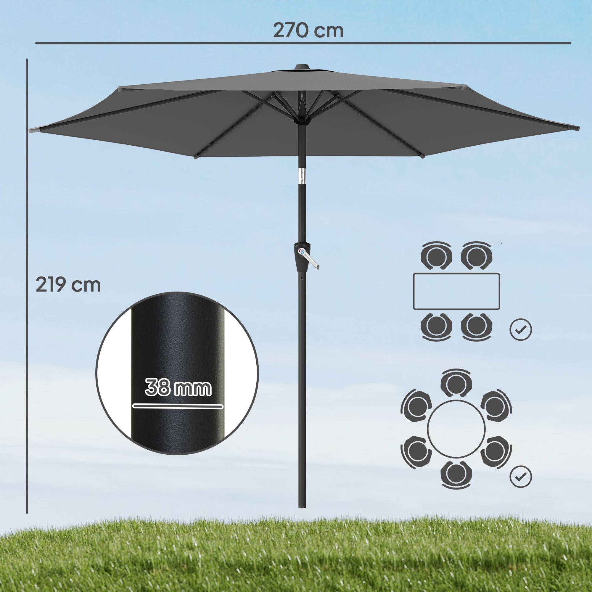 270 cm (8.9 ft) Tilt Patio Umbrella with Crank – UV 50+ Market Parasol, Wind-Resistant Garden/Balcony/Terrace Umbrella, Dark Gray