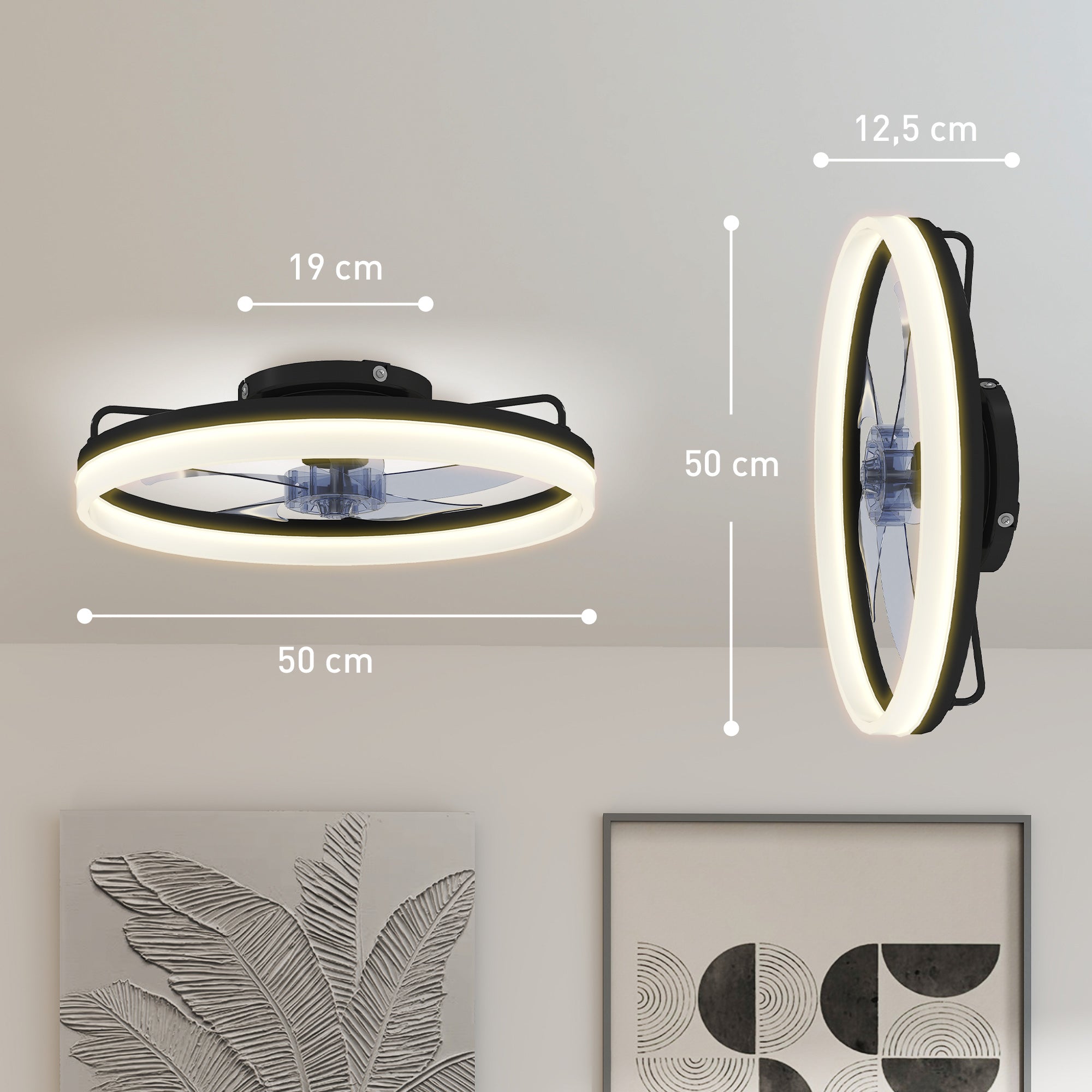 LED Ceiling Fan with Light 40W, Reversible DC Motor, Quiet Ceiling Fan Lamp, Remote Control, 6 Speeds, 3 Light Colors, Timer, for Living Room, 20 in (Ø50 cm), Black