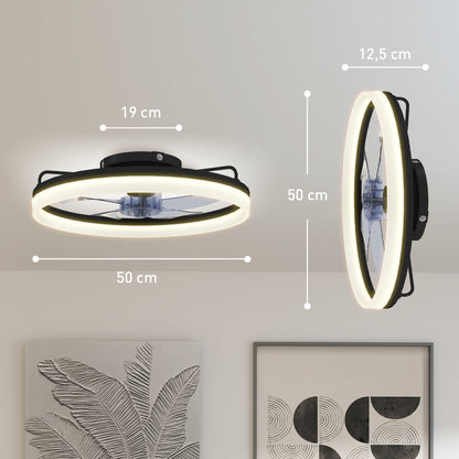 LED Ceiling Fan with Light 40W, Reversible DC Motor, Quiet Ceiling Fan Lamp, Remote Control, 6 Speeds, 3 Light Colors, Timer, for Living Room, 20 in (Ø50 cm), Black