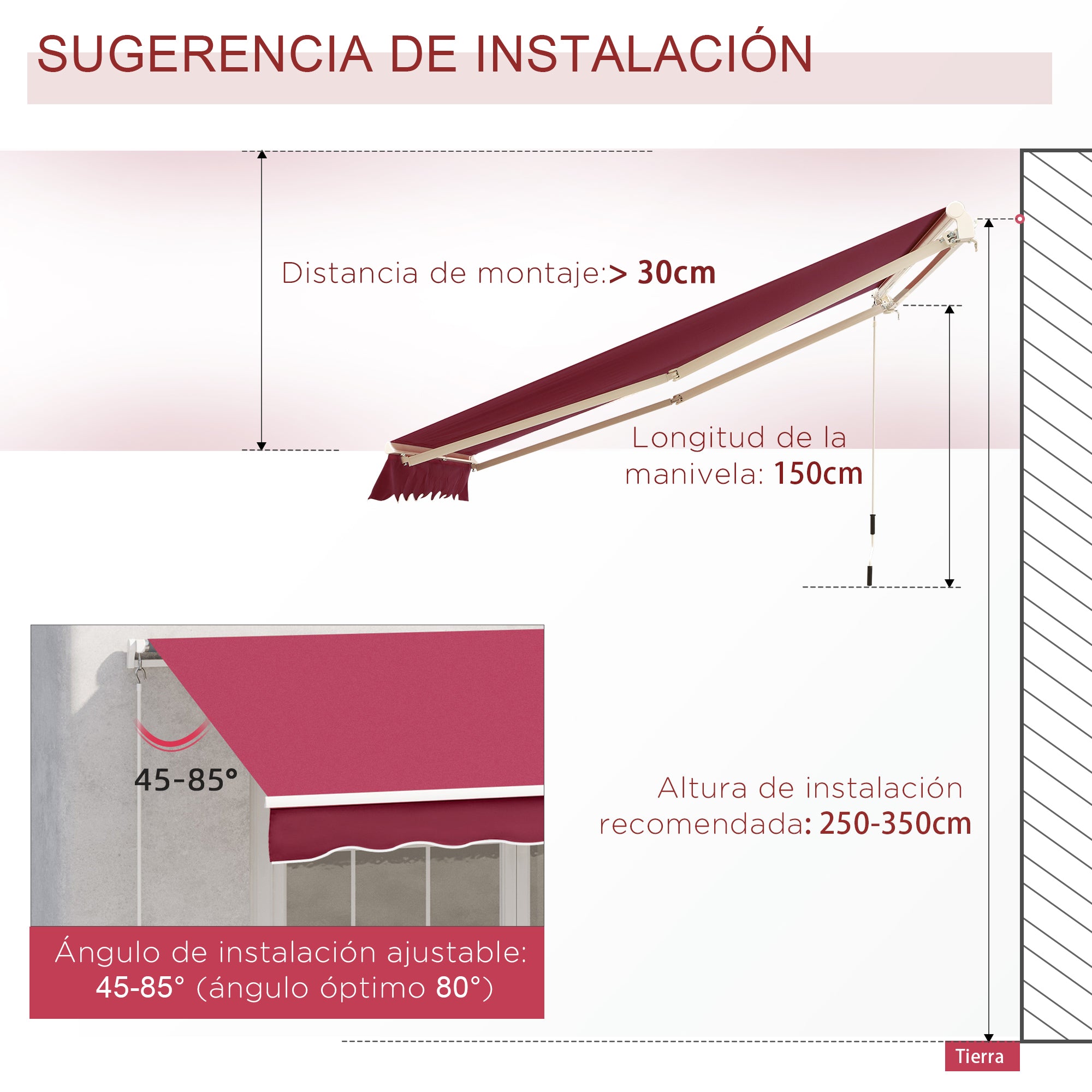 Manual Retractable Awning 395x245 cm Balcony Awning with Waterproof and Anti-UV Metal Crank Outdoor Roll-Up Awning for Garden Terrace Windows Red