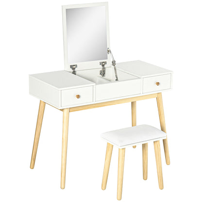 Dressing Table with Mirror and Stool, Makeup Table with 2 Drawers and Folding Mirror, Padded Cushion, Vanity Desk, 100 x 45 x 118 cm, White