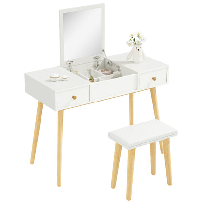 Dressing Table with Mirror and Stool, Makeup Table with 2 Drawers and Folding Mirror, Padded Cushion, Vanity Desk, 100 x 45 x 118 cm, White