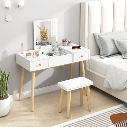 Dressing Table with Mirror and Stool, Makeup Table with 2 Drawers and Folding Mirror, Padded Cushion, Vanity Desk, 100 x 45 x 118 cm, White