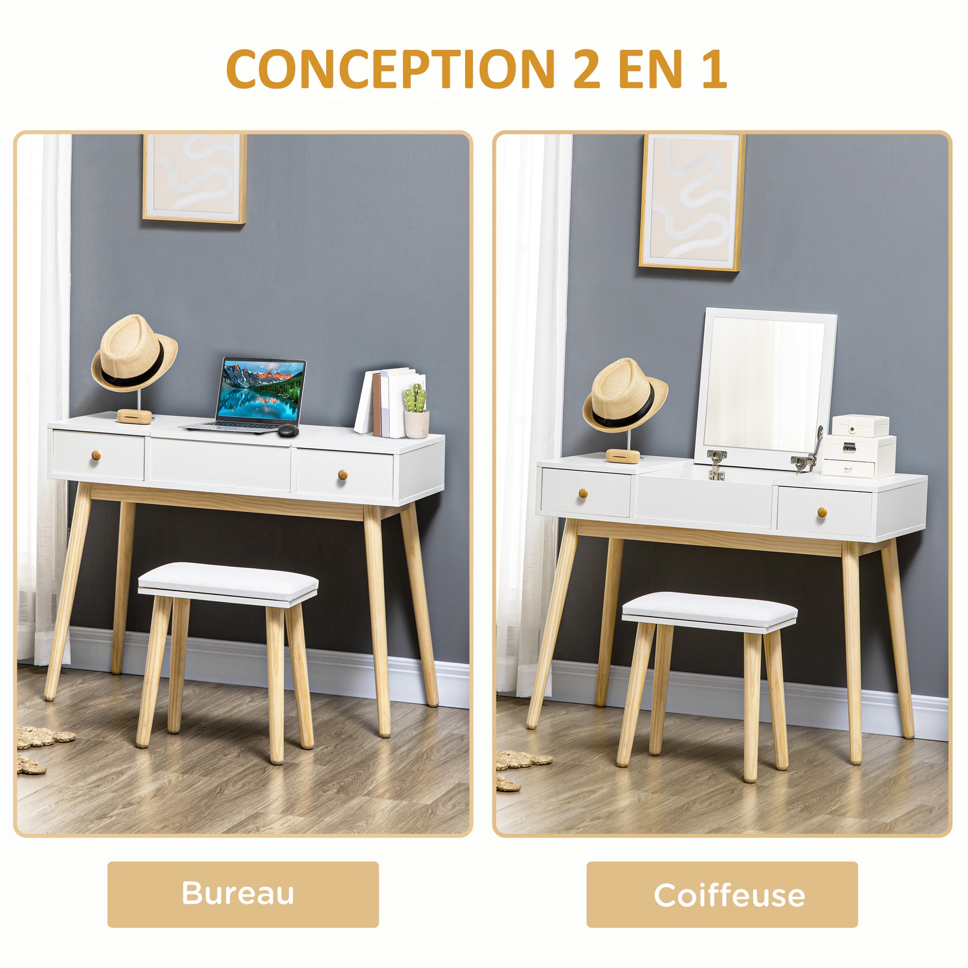Dressing Table with Mirror and Stool, Makeup Table with 2 Drawers and Folding Mirror, Padded Cushion, Vanity Desk, 100 x 45 x 118 cm, White