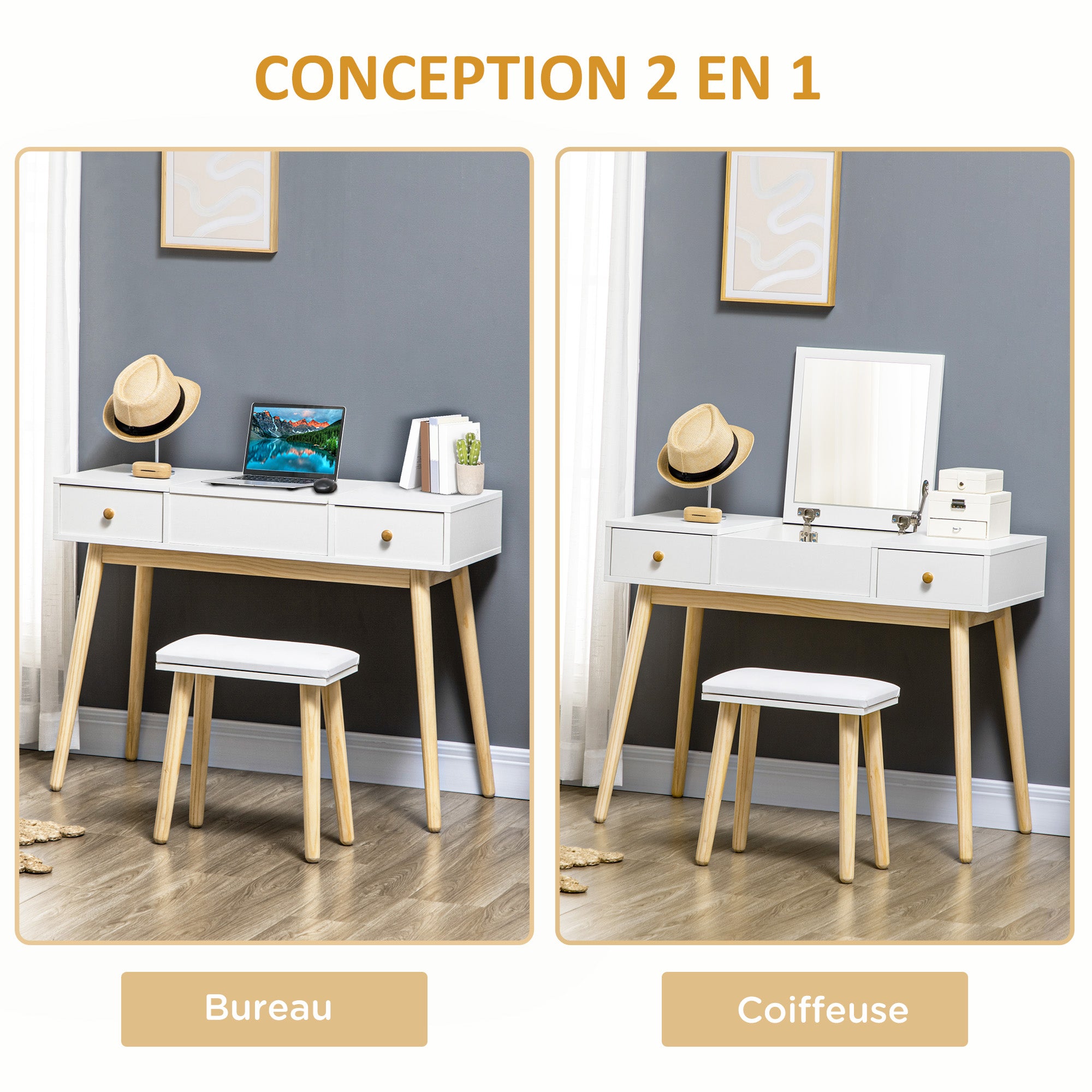 Dressing Table with Mirror and Stool, Makeup Table with 2 Drawers and Folding Mirror, Padded Cushion, Vanity Desk, 100 x 45 x 118 cm, White