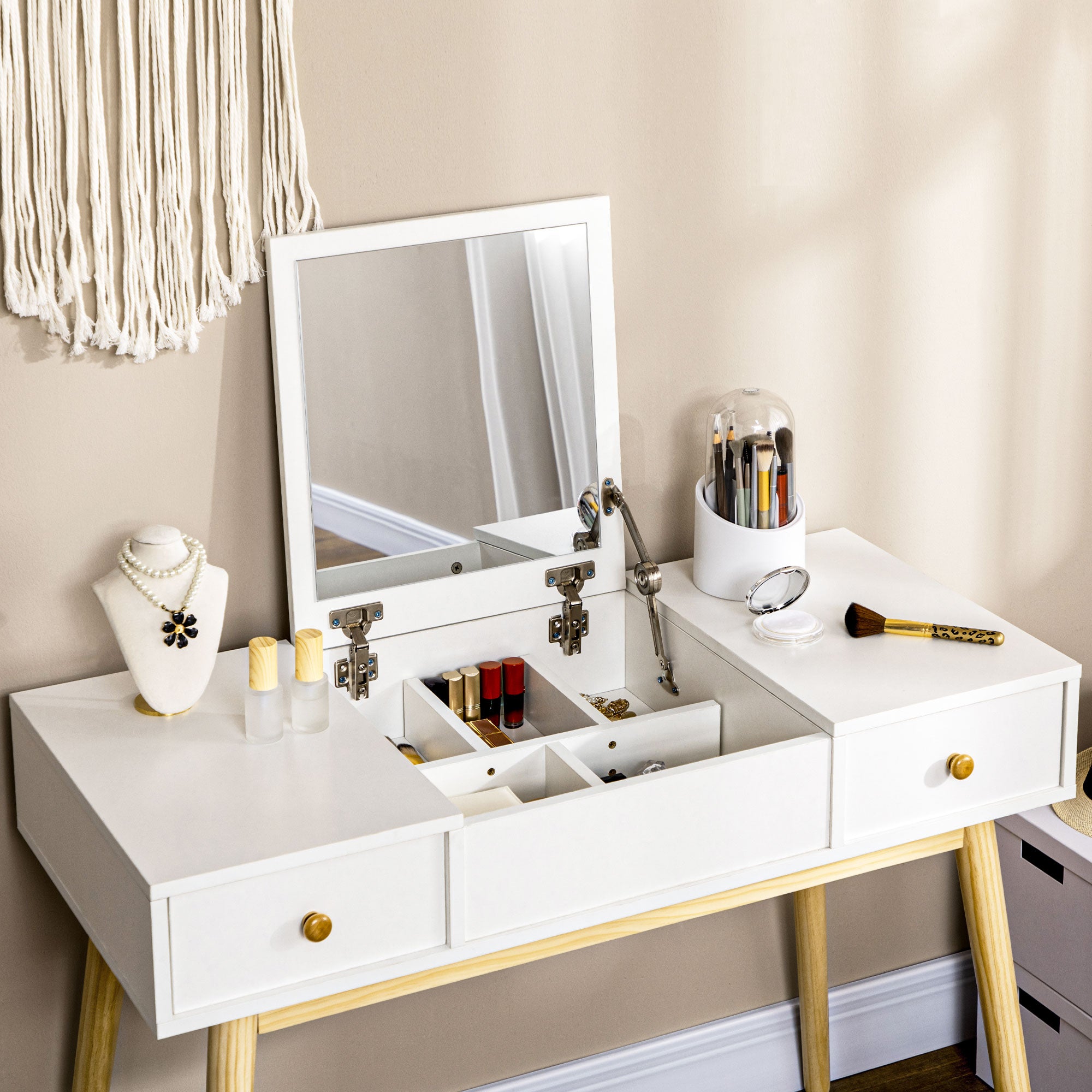 Dressing Table with Mirror and Stool, Makeup Table with 2 Drawers and Folding Mirror, Padded Cushion, Vanity Desk, 100 x 45 x 118 cm, White