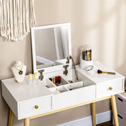 Dressing Table with Mirror and Stool, Makeup Table with 2 Drawers and Folding Mirror, Padded Cushion, Vanity Desk, 100 x 45 x 118 cm, White