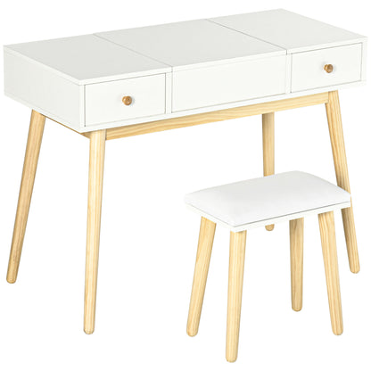 Dressing Table with Mirror and Stool, Makeup Table with 2 Drawers and Folding Mirror, Padded Cushion, Vanity Desk, 100 x 45 x 118 cm, White