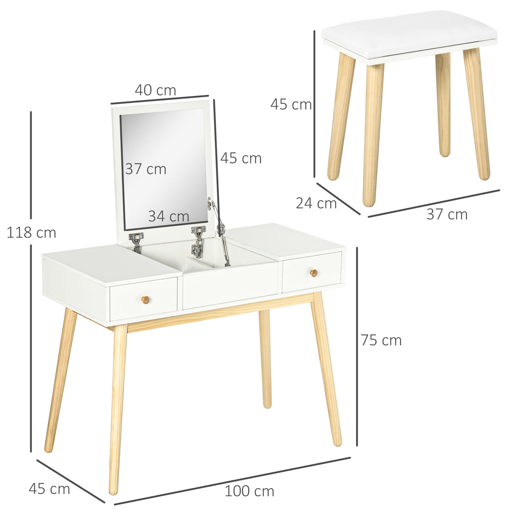 Dressing Table with Mirror and Stool, Makeup Table with 2 Drawers and Folding Mirror, Padded Cushion, Vanity Desk, 100 x 45 x 118 cm, White