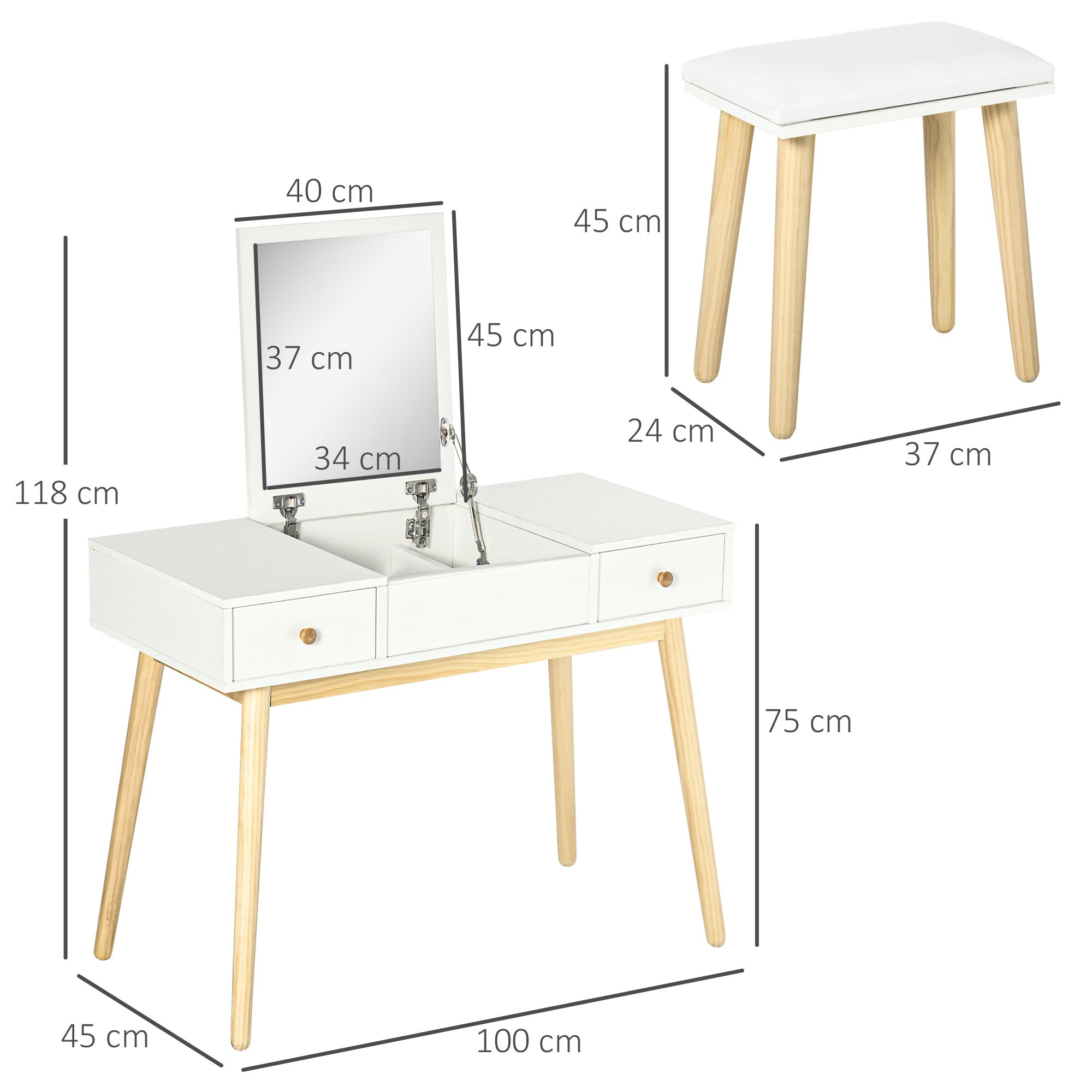 Dressing Table with Mirror and Stool, Makeup Table with 2 Drawers and Folding Mirror, Padded Cushion, Vanity Desk, 100 x 45 x 118 cm, White