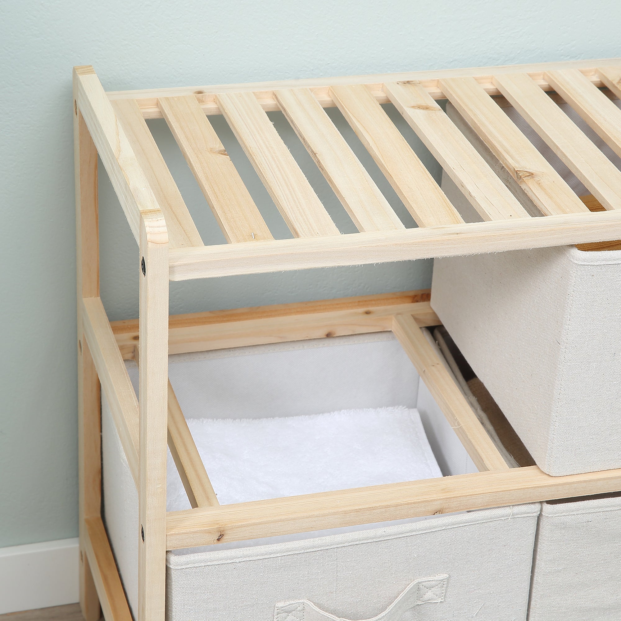 Fabric Storage Chest with 4 Foldable Linen Drawers Elegant Style for Bedroom Office Living Room 59 x 28 x 50 cm Natural Wood Beige