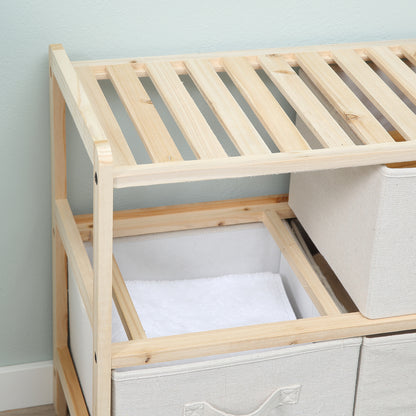 Fabric Storage Chest with 4 Foldable Linen Drawers Elegant Style for Bedroom Office Living Room 59 x 28 x 50 cm Natural Wood Beige