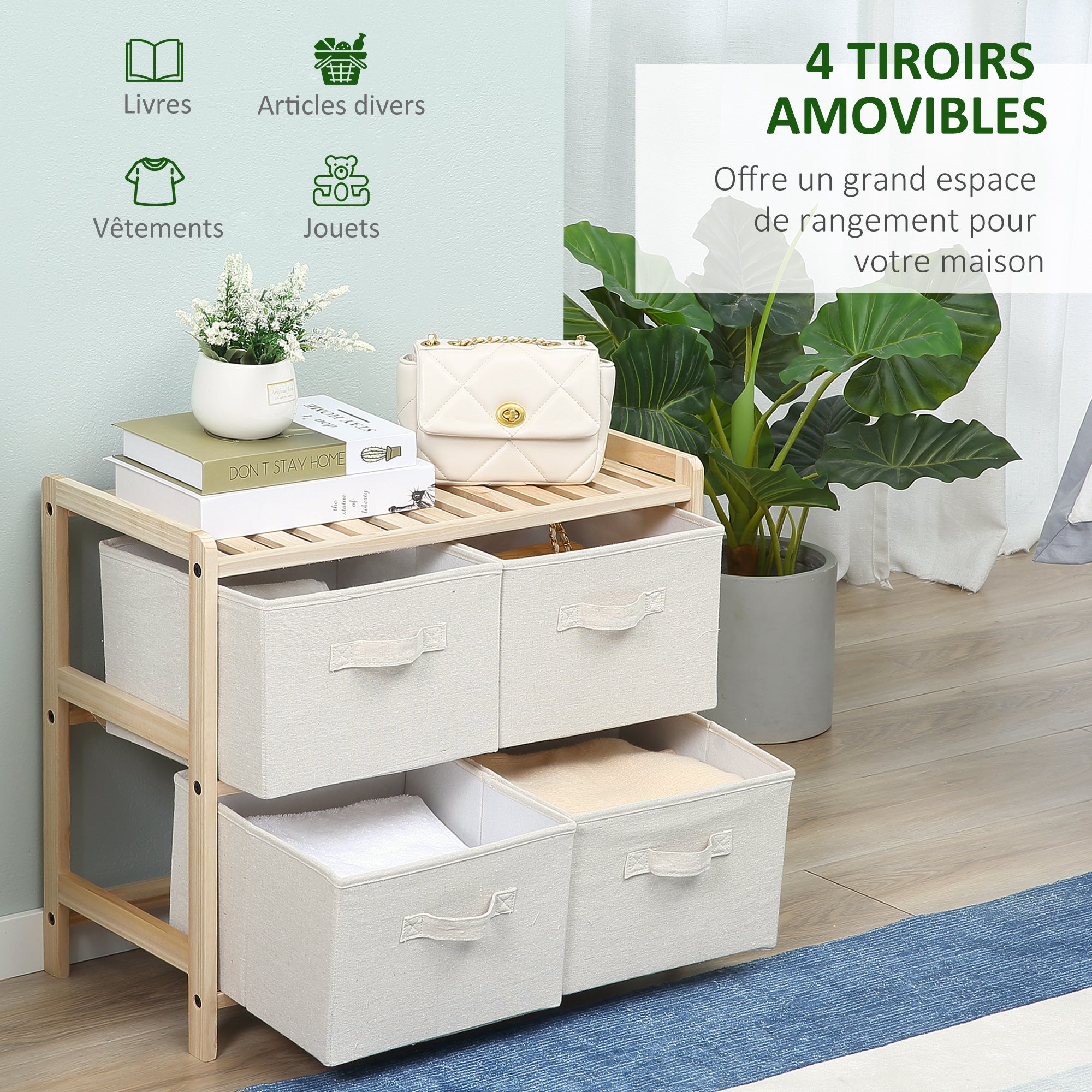 Fabric Storage Chest with 4 Foldable Linen Drawers Elegant Style for Bedroom Office Living Room 59 x 28 x 50 cm Natural Wood Beige