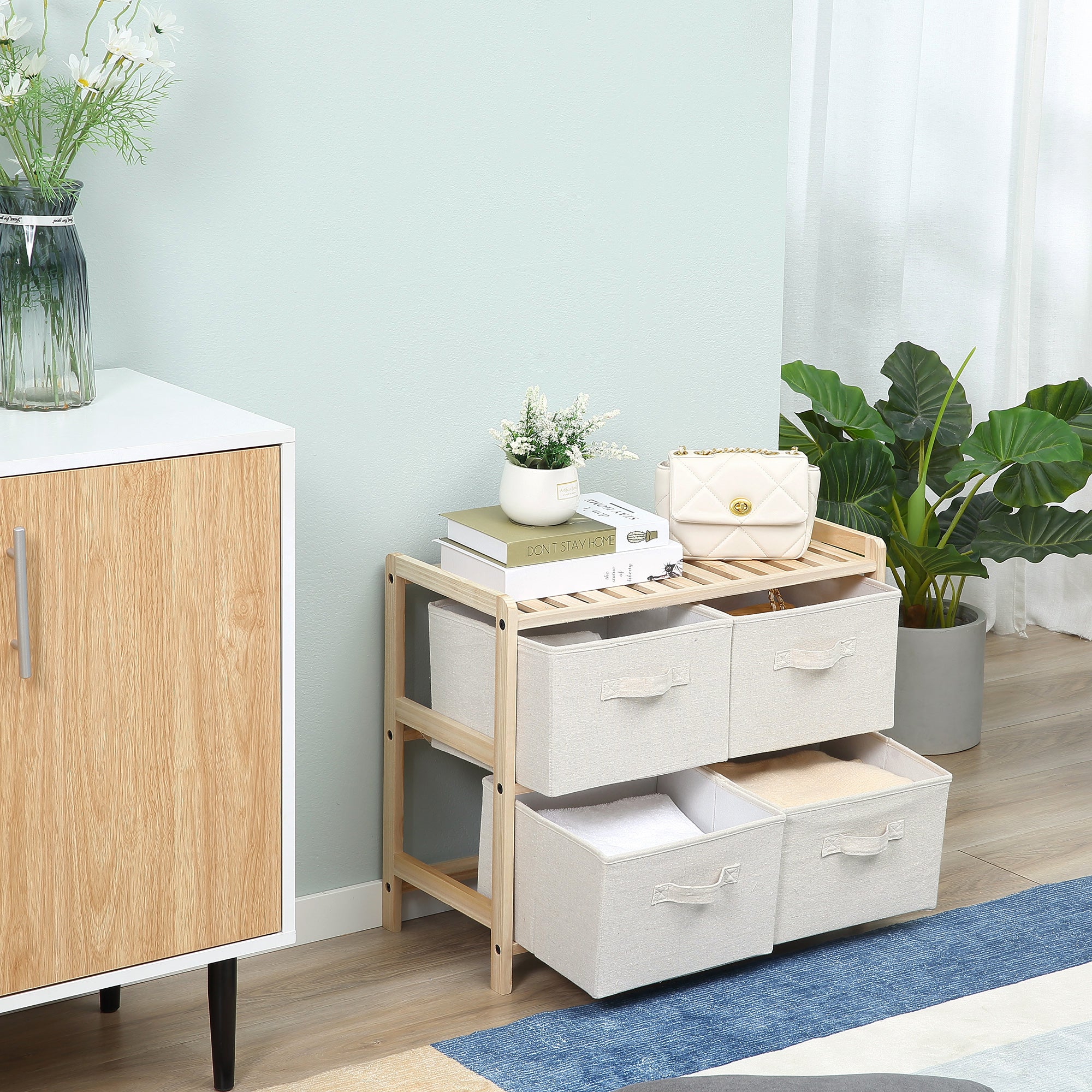 Fabric Storage Chest with 4 Foldable Linen Drawers Elegant Style for Bedroom Office Living Room 59 x 28 x 50 cm Natural Wood Beige