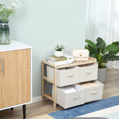 Fabric Storage Chest with 4 Foldable Linen Drawers Elegant Style for Bedroom Office Living Room 59 x 28 x 50 cm Natural Wood Beige