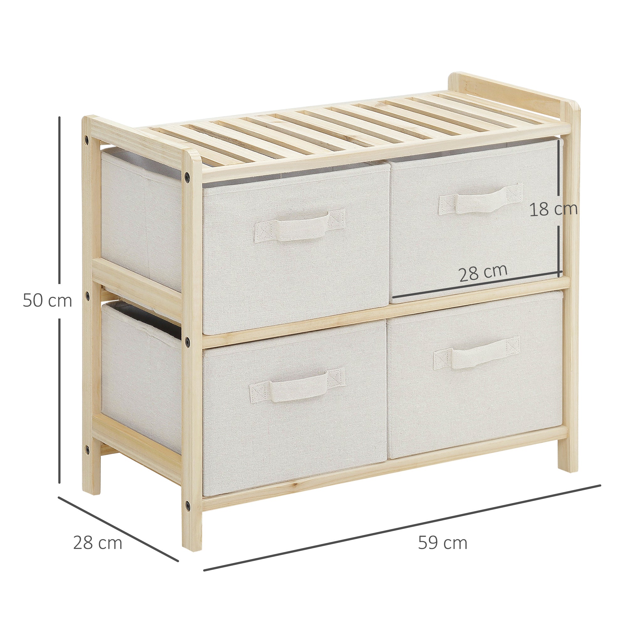 Fabric Storage Chest with 4 Foldable Linen Drawers Elegant Style for Bedroom Office Living Room 59 x 28 x 50 cm Natural Wood Beige