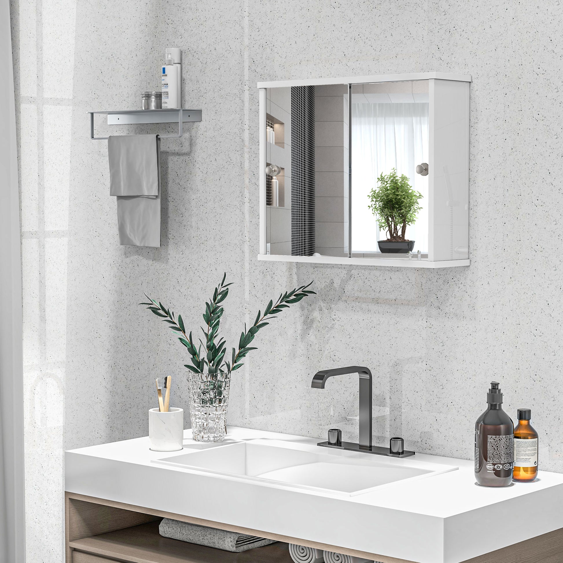 Bathroom Mirror Cabinet Hanging Bathroom Cabinet with Adjustable Shelf and Double Sliding Door for Bedroom 55x15x45 cm Glossy White