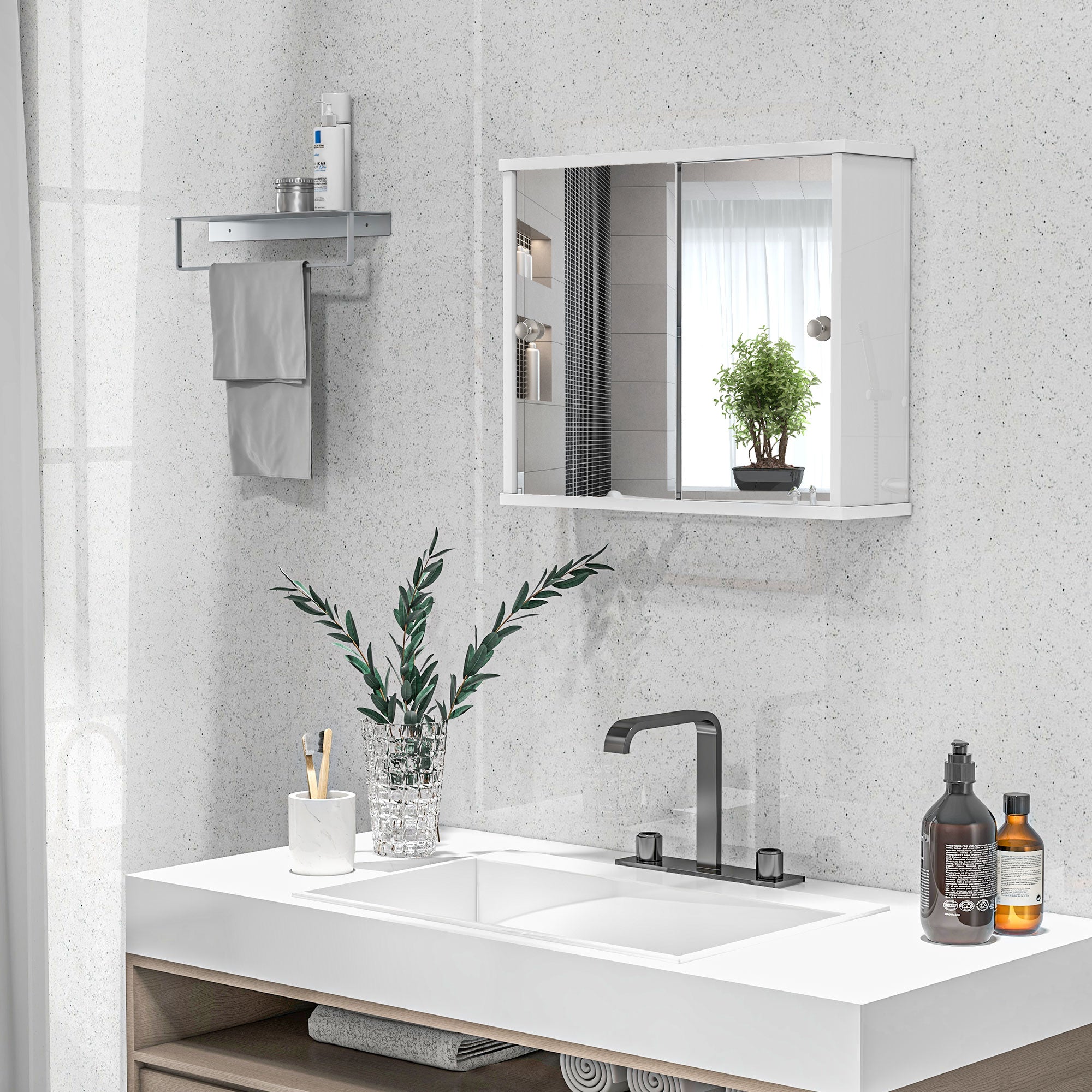 Bathroom Mirror Cabinet Hanging Bathroom Cabinet with Adjustable Shelf and Double Sliding Door for Bedroom 55x15x45 cm Glossy White