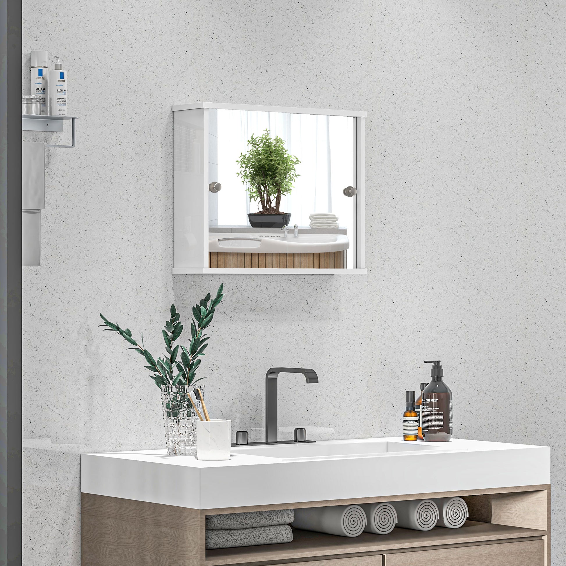 Bathroom Mirror Cabinet Hanging Bathroom Cabinet with Adjustable Shelf and Double Sliding Door for Bedroom 55x15x45 cm Glossy White
