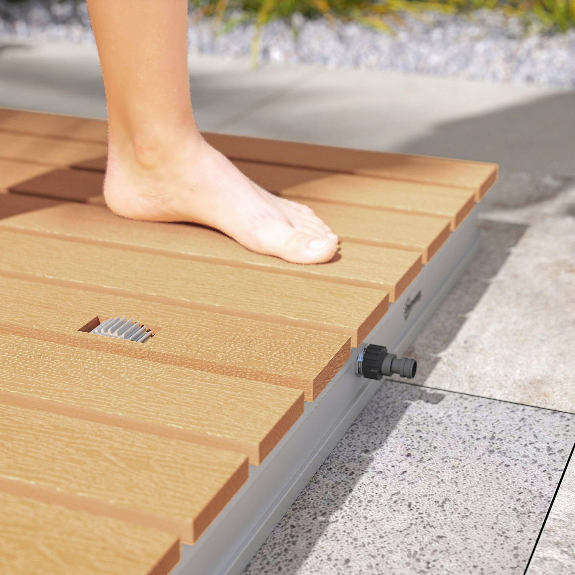 Ground Shower Garden Shower with Adjustable Foot Wheel Aluminum Outdoor Shower up to 4m Fountain Height 70 x 55 cm Sauna Shower Wood Look Non-slip Weatherproof Outdoor Camping Shower for Pool Sauna