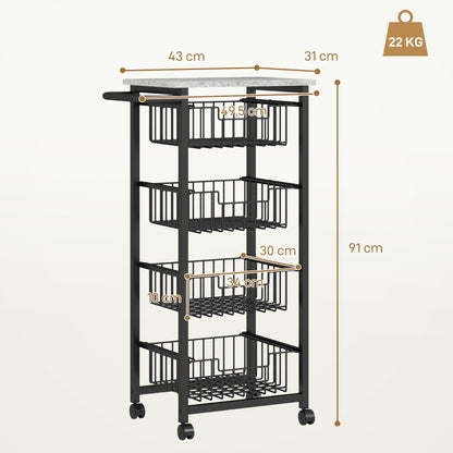 Kitchen Cart Vegetable Rack with 4 Sliding Baskets and Steel Frame Mobile Cart with Wheels for Dining Room 49.5x31x91 cm Light Gray