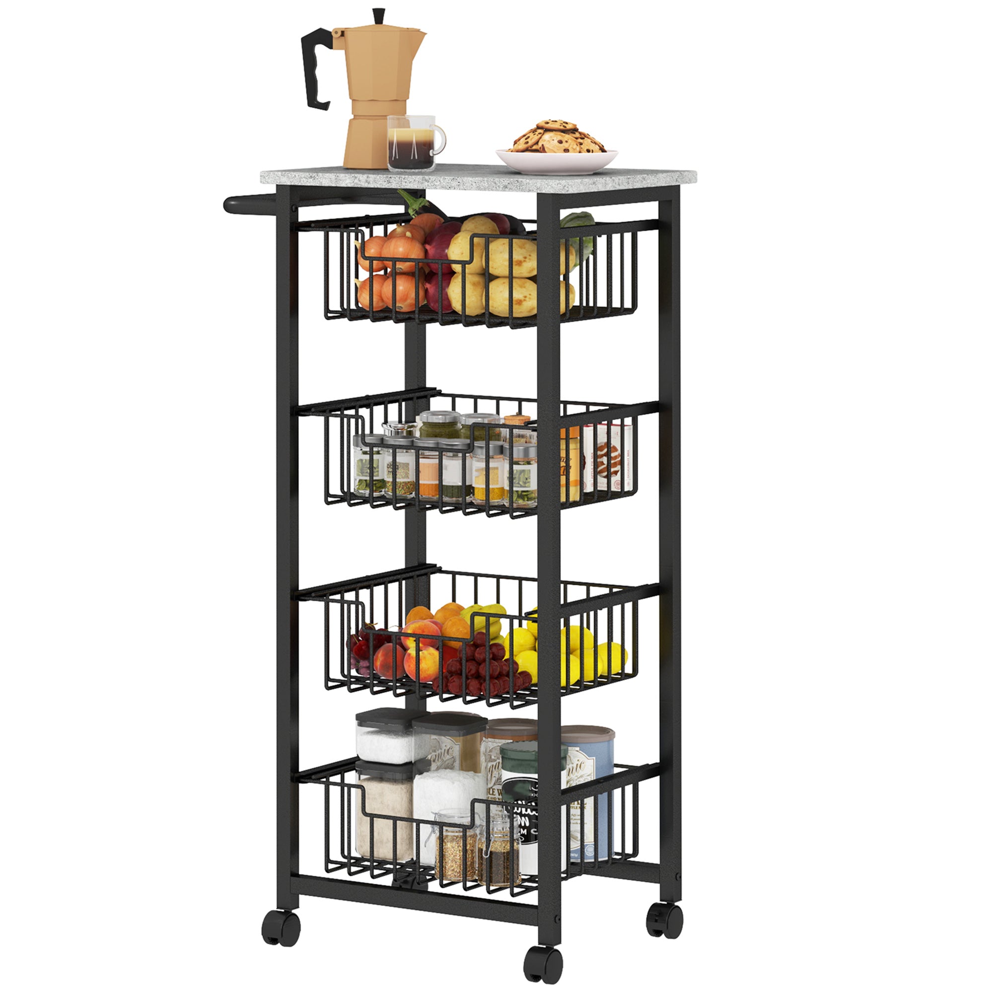 Kitchen Cart Vegetable Rack with 4 Sliding Baskets and Steel Frame Mobile Cart with Wheels for Dining Room 49.5x31x91 cm Light Gray