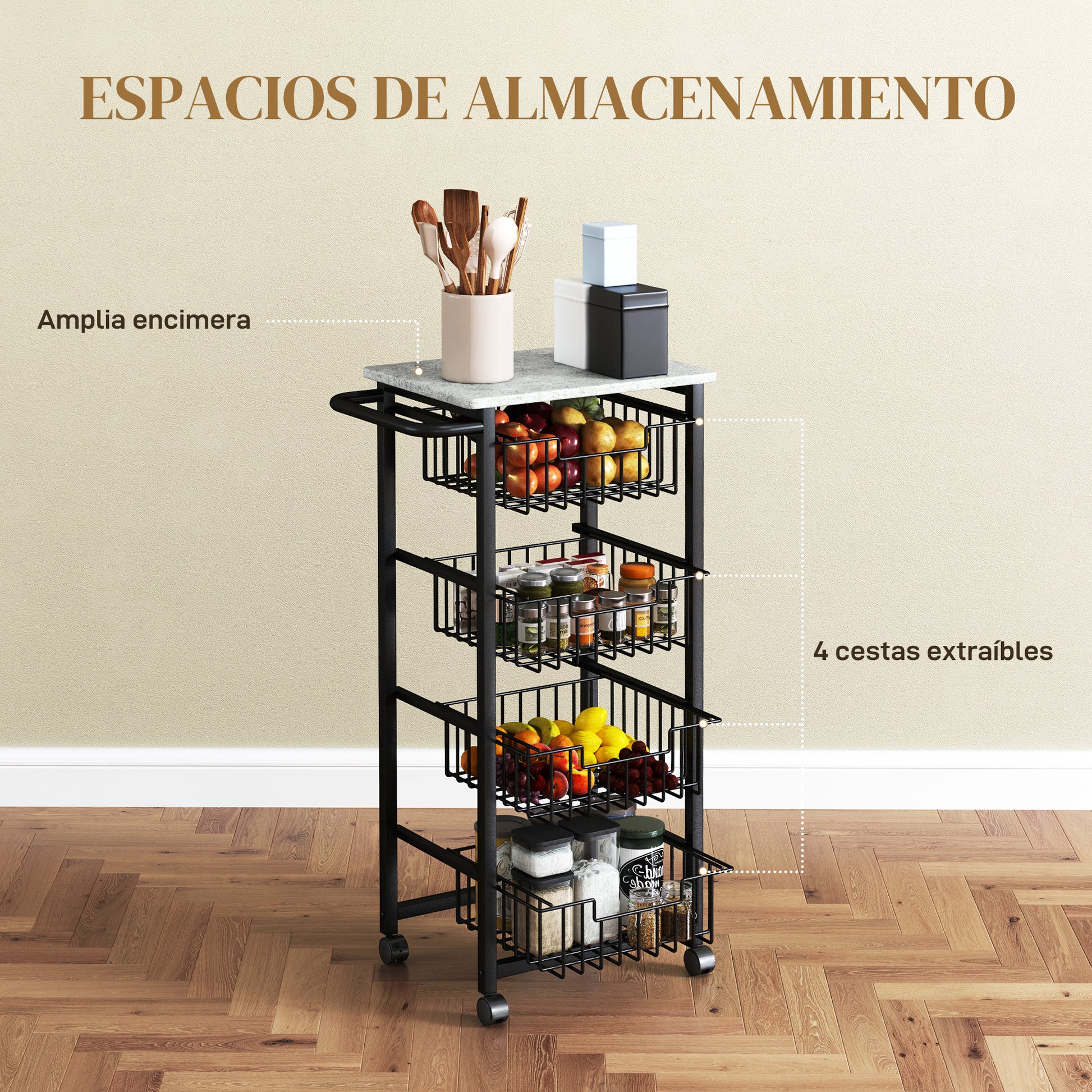 Kitchen Cart Vegetable Rack with 4 Sliding Baskets and Steel Frame Mobile Cart with Wheels for Dining Room 49.5x31x91 cm Light Gray