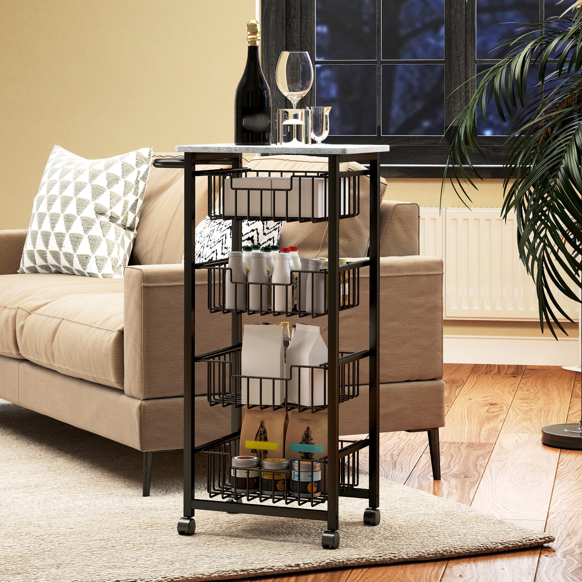Kitchen Cart Vegetable Rack with 4 Sliding Baskets and Steel Frame Mobile Cart with Wheels for Dining Room 49.5x31x91 cm Light Gray