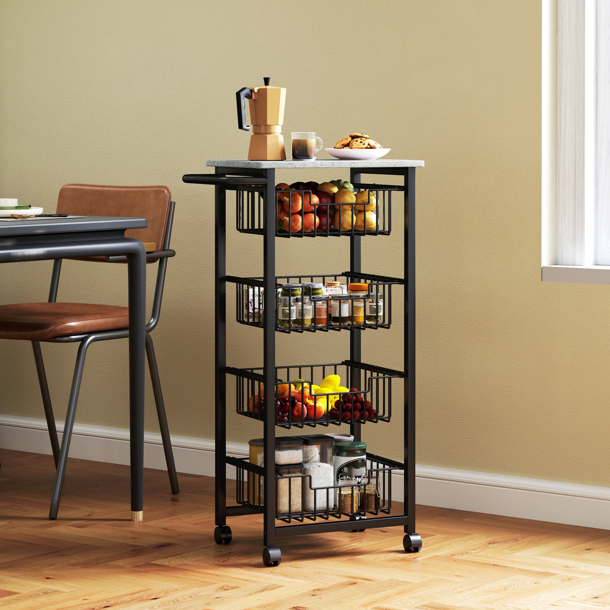 Kitchen Cart Vegetable Rack with 4 Sliding Baskets and Steel Frame Mobile Cart with Wheels for Dining Room 49.5x31x91 cm Light Gray