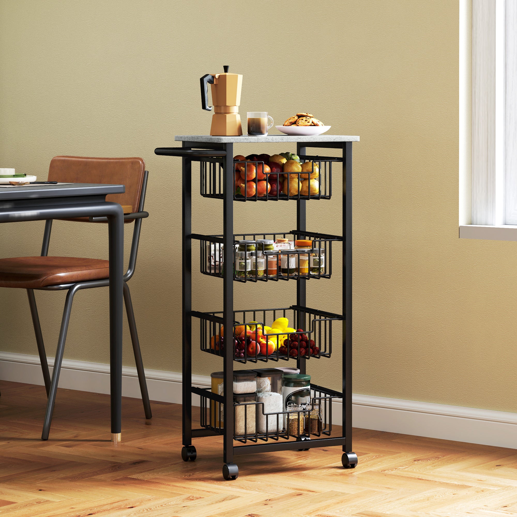 Kitchen Cart Vegetable Rack with 4 Sliding Baskets and Steel Frame Mobile Cart with Wheels for Dining Room 49.5x31x91 cm Light Gray