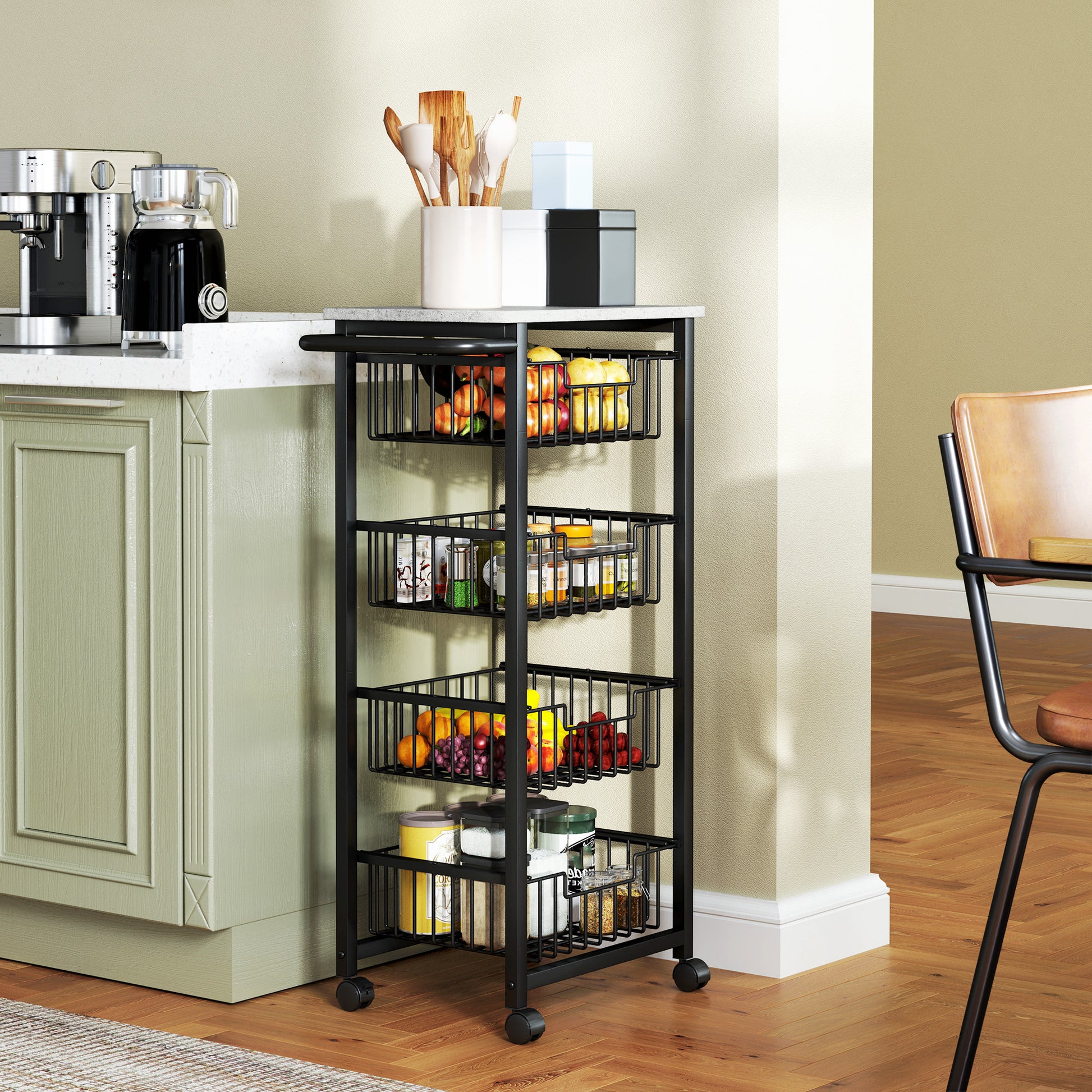 Kitchen Cart Vegetable Rack with 4 Sliding Baskets and Steel Frame Mobile Cart with Wheels for Dining Room 49.5x31x91 cm Light Gray