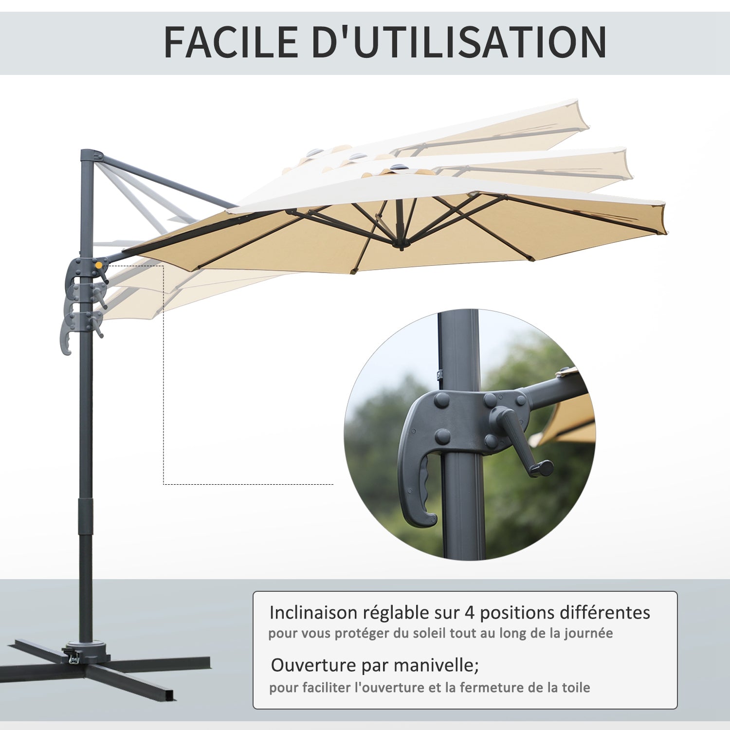 Octagonal Offset Tilted Umbrella 360° Rotatable with Cross Base 8 Ribs Crank Included Aluminum Steel Frame Ø 3 x 2.5H m Beige