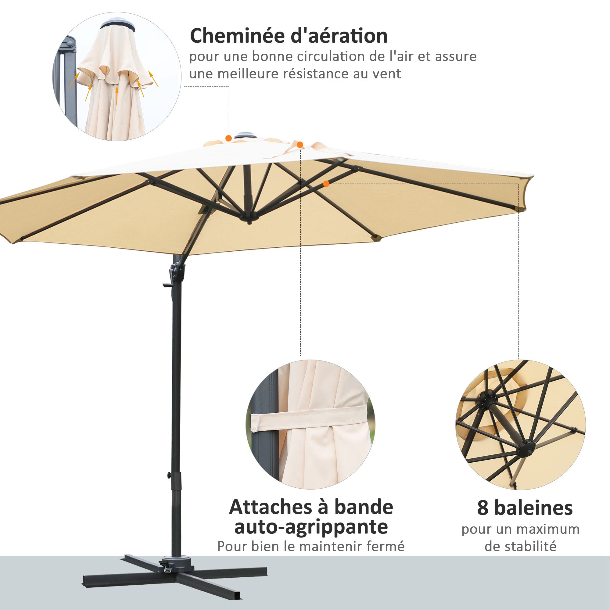 Octagonal Offset Tilted Umbrella 360° Rotatable with Cross Base 8 Ribs Crank Included Aluminum Steel Frame Ø 3 x 2.5H m Beige