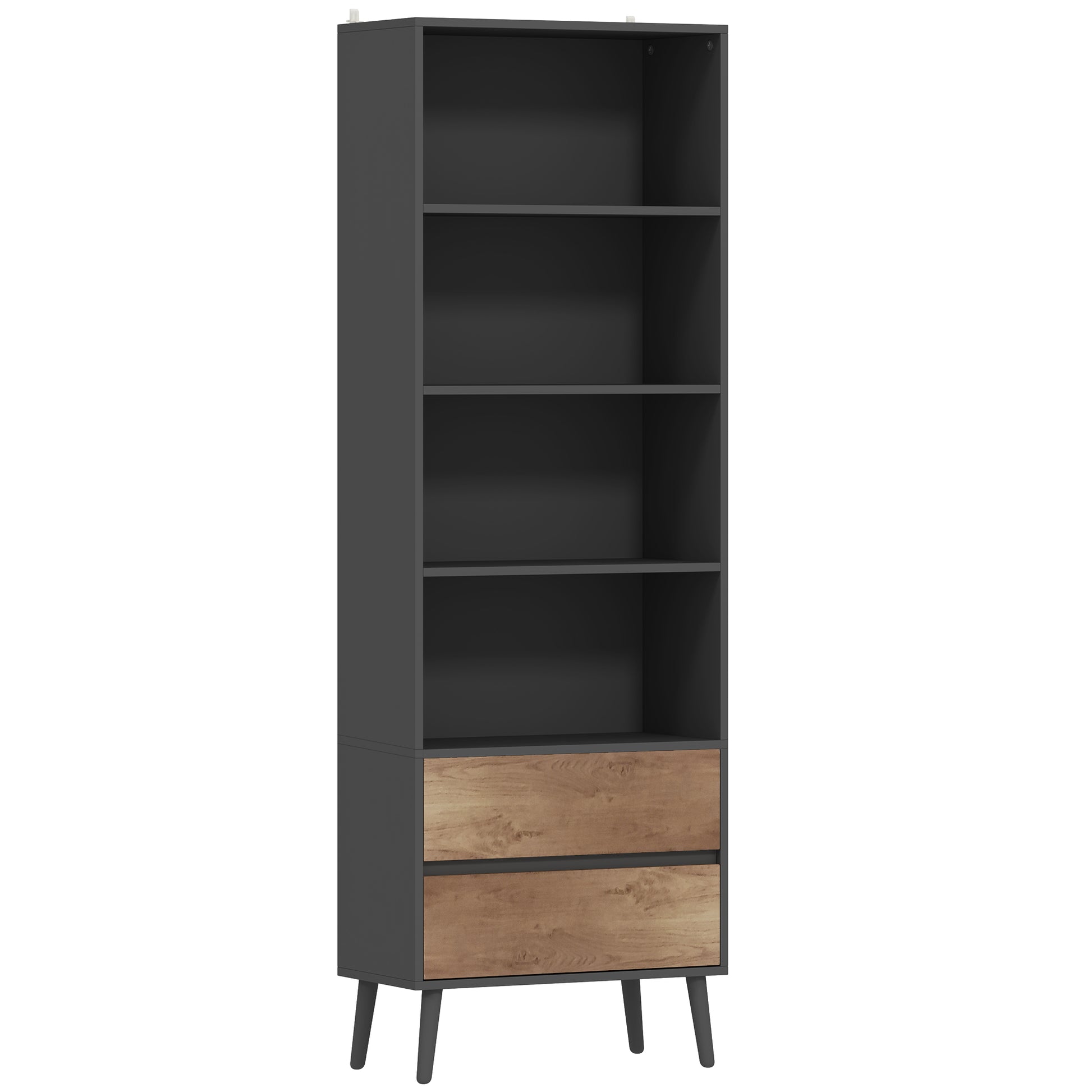 Bookcase Storage Shelf with 4 Open Compartments and 2 Drawers, Storage Shelf for Living Room, Bedroom, Office, 60 x 30 x 179 cm, Gray